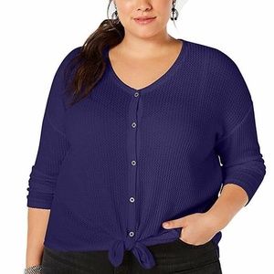 Style&Co Womens Purple V-Neck Tie Front Button Up Waffle Knit Top Plus Size 1X